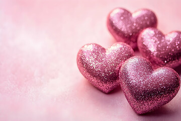 Shimmering pink paper hearts placed neatly, isolated on a soft pink background.
