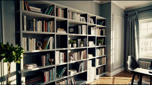 well-lit office room with a stylish bookcase