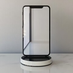 Modern smartphone with black frame on wireless charging stand in minimalist setting