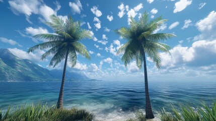 Fototapeta premium A picturesque view of twin palm trees by the ocean, under a clear sky and dotted clouds, inviting a sense of peace and relaxation.