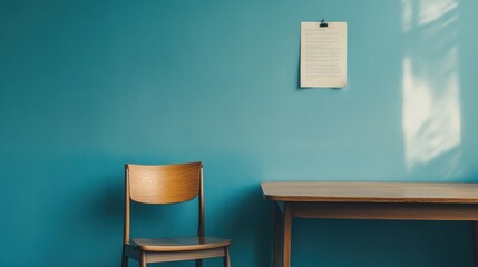 Minimalist Room Interior: Wooden Chair, Table, and Document Against Teal Wall