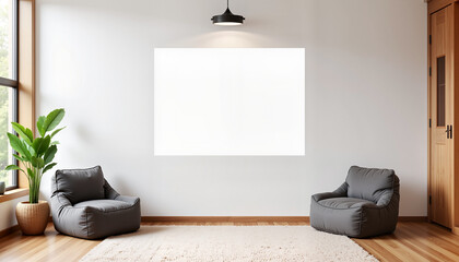 Blank projection screen in a cozy seating area with bean bags and natural light