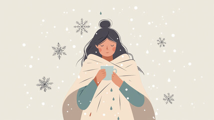 Woman drinking hot beverage under blanket in snowy scene.
