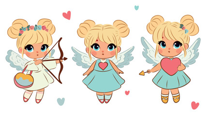 Set of cute angels with blond hair, girls, for Valentine's Day, February 14, stickers, postcard design, heart, wings, vector.