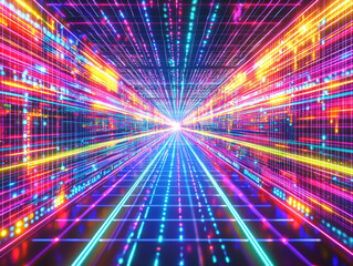 Futuristic blockchain grid illuminated by neon colors in a high-tech digital environment showcasing interconnected blocks and chains