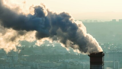 Pollution creates a thick layer of smog over the city at sunset, highlighting the ecological challenges faced by urban areas