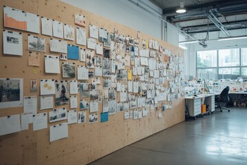 Creative workspace filled with colorful designs and photographs in a modern office environment