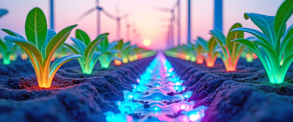 Green Revolution: Sustainable Agriculture Transforming Productivity with Innovation, Ecosystem-Friendly Practices. Futuristic Agricultural Landscape with Glowing Digital Roots and Lights