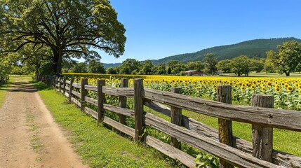 Rustic fence along sunflower field under clear blue sky