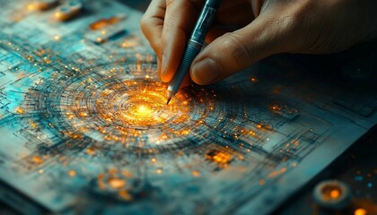 Obraz premium Abstract hands drawing and assembling a complex architectural design, overlayed with technological holograms, The Entrepreneurial Blueprint