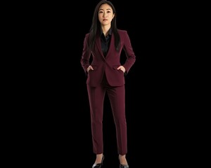 Naklejka premium Asian Woman in a Burgundy Suit with Hands in Pockets, Confident and Sophisticated