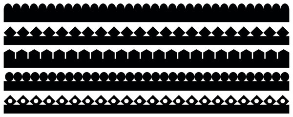 Scalloped edge seamless brush strokes frame set.  Fabric laces silhouette. Repeat cute vintage frill ornament. Scalloped Border, Set of decorative tapes and borders.