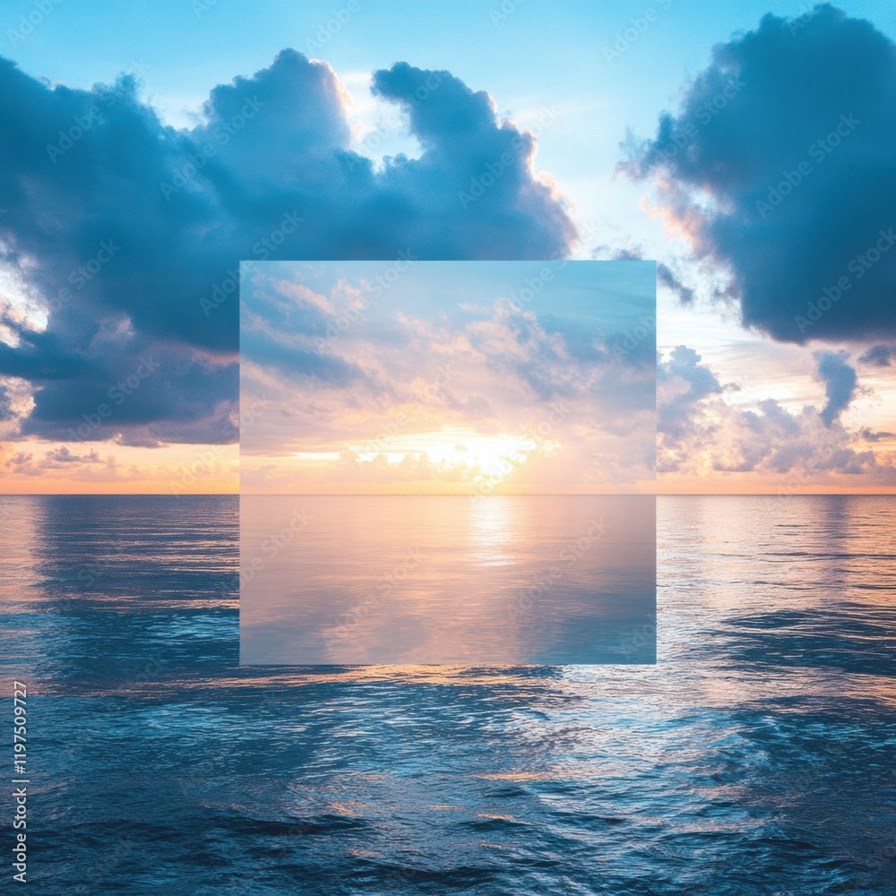 Poster Sunset over calm ocean waters with a blank space for text or graphics in the foreground. Generative AI