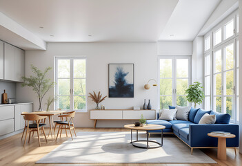 Fototapeta premium Scandinavian home interior design of modern living room. Bright room with blue sofa, abstract painting, large windows, and neutral decor creating a fresh, airy atmosphere