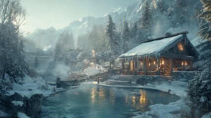 A quiet hot spring scene in winter, the peaceful surroundings offering a perfect escape from the cold.