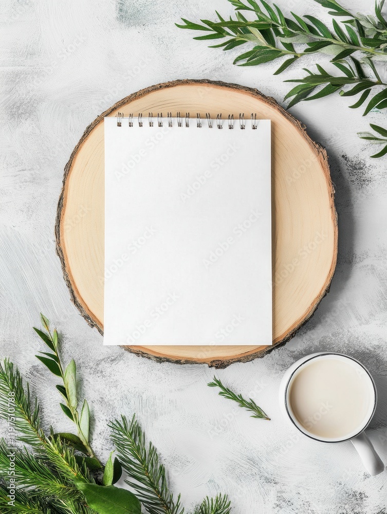 Poster empty notepad placed on wooden slice with greenery and cup of beverage ready for creative ideas. gen
