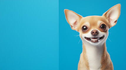 Youthful dog with a charming smile and captivating eyes, Youthful Chihuahua with charming smile against blue background