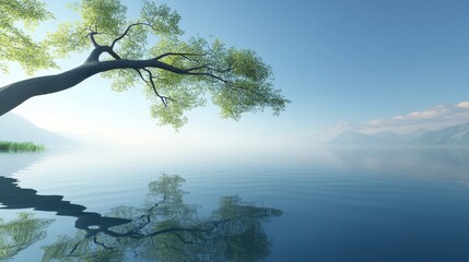 Fototapeta premium A quiet pond view where a tree branch leans towards the water, its leaves brushing the calm surface.