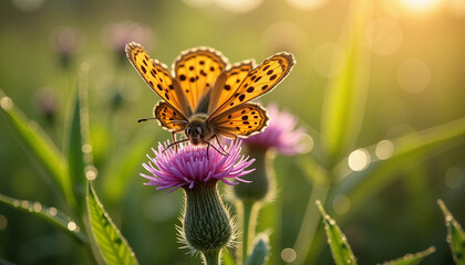 Obraz premium Butterfly resting on thistle in morning light, nature's beauty, Butterflies in Meadow, Spring Equinox