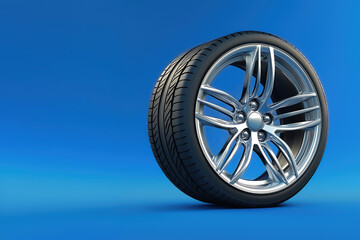 Tire ad image on alloy wheel rim, tyre angle view on blue background with copy space