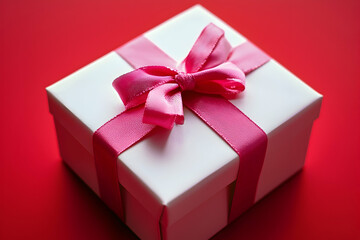 Obraz premium White gift box with pink ribbon on a red background.