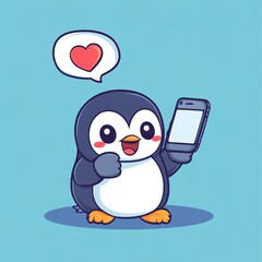 Cute penguin using phone, happy, love bubble, blue background, social media post