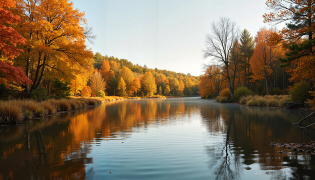 Calm autumn reflections in serene pond, nature's tranquility