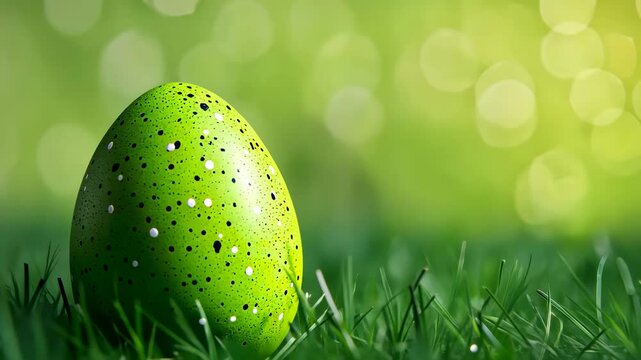 Vibrant green easter egg in lush grass with bokeh background celebrating eco-friendly easter concept