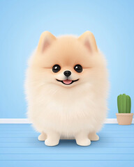 Obraz premium Youthful dog with a charming smile and captivating eyes, fluffy Pomeranian with charming smile sits against blue background, radiating joy and playfulness