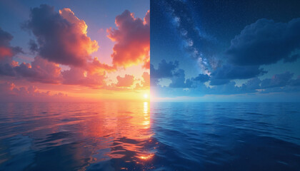 Tranquil ocean landscape reflecting sunrise and night, peaceful duality, Balance of Day and Night, Spring Equinox