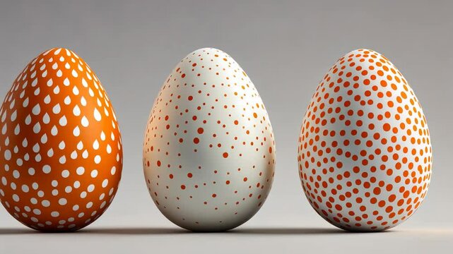 Three elegant easter eggs with orange and white polka dot patterns on gray background celebrating easter joy and design concept