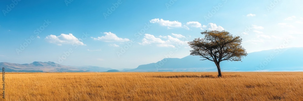 Poster vast golden field under clear blue sky with solitary tree and distant mountains offering a serene ba