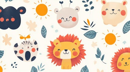 Colorful cartoon pattern featuring cute animals and sunny faces on a light background