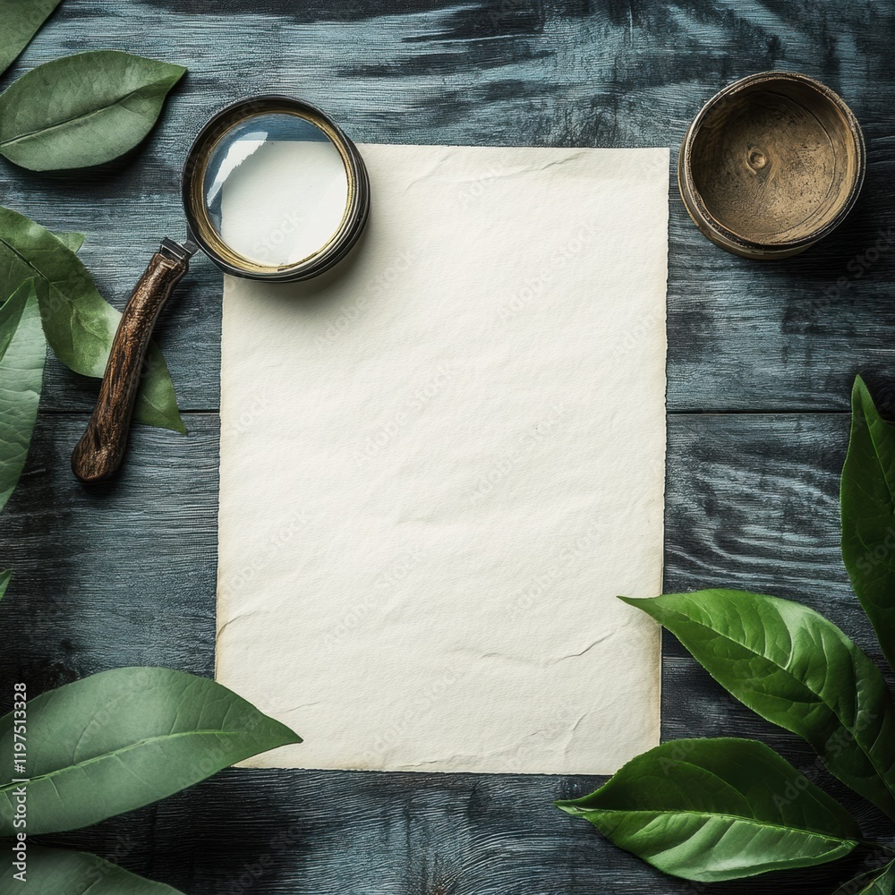 Poster explore blank canvas for creativity with a magnifying glass and lush greenery surrounding the worksp