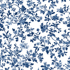 Obraz premium Blue French Toile Floral Seamless Pattern - Elegant Vintage Digital Paper