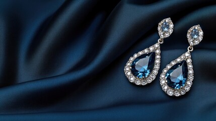 Obraz premium Stylish silver earrings with white gemstones set against a silky black background, highlighting exquisite craftsmanship.