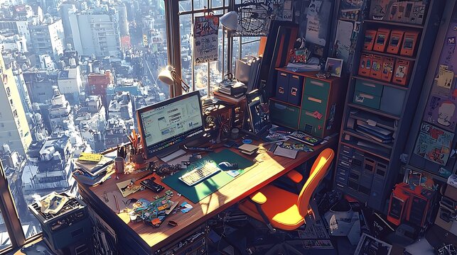 Sunlit Cityscape Studio: A Vibrant, Creative Workspace