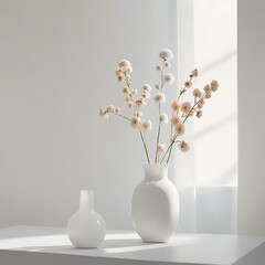  three vases on a white shelf against a white wall. The vases are of different sizes and shapes, with the largest one in the center and two smaller ones on either side