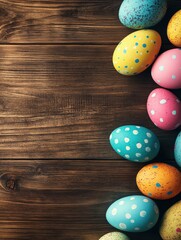 Easter background. Colorful easter eggs on. wooden background.