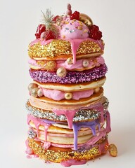 A vibrant and playful image of a massive stack of pancakes, decorated with various shades of pink and gold glitter, drizzled with colorful syrups, and topped with festive elements