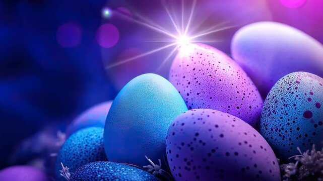 Vibrant colorful easter eggs in blue and purple tones with bokeh light effect celebrating the joy of easter