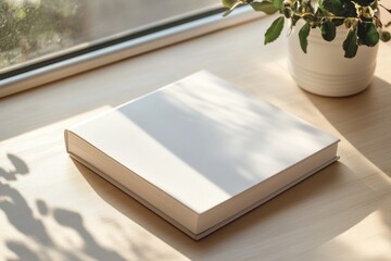 Fototapeta premium Soft sunlight bathes a blank book resting on a wooden table beside a vibrant green plant, creating a serene and inviting atmosphere