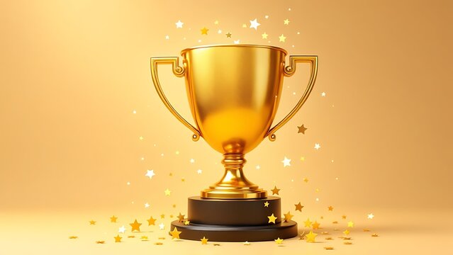 Gold five star rating trophy success award symbol on achievement 3d background of best customer feedback review winner prize or golden victory premium quality ranking rate and excellent satisfaction.