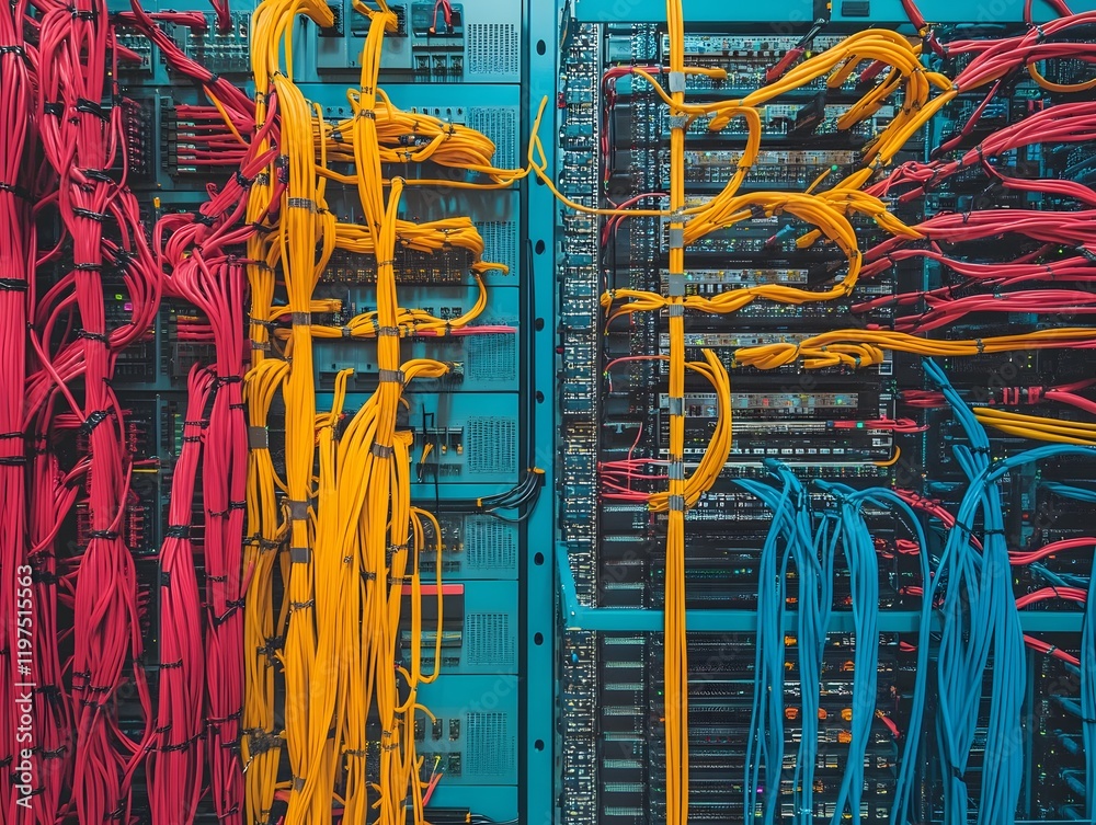 Poster a close-up view of brightly colored network cables connected to a server rack, showcasing the comple