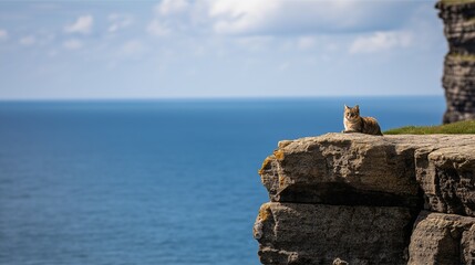 Cat Relaxing on Coastal Cliff with Ocean View