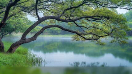 A reflective moment by a calm pond with a tree branch extending towards the water, creating a serene and quiet atmosphere.