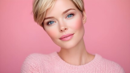 kobieta, blond włosy, różowy sweter, różowe tło, długie włosy, uśmiech, radość, wiosna, portret, pastelowe kolory, delikatność, piękno, naturalność, moda, elegancja, nowoczesność, stylowy wygląd, zado