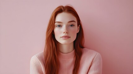 kobieta, rude włosy, proste włosy, pastelowy róż, różowe tło, różowy sweter, delikatny wyraz twarzy, spokojna twarz, portret, młoda kobieta, subtelność, ciepło, harmonia, jasne tło, minimalistyczny st