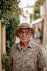 A man wearing a straw hat and glasses is standing on a street