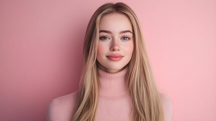 kobieta, blond włosy, różowy sweter, różowe tło, długie włosy, uśmiech, radość, wiosna, portret, pastelowe kolory, delikatność, piękno, naturalność, moda, elegancja, nowoczesność, stylowy wygląd, zado
